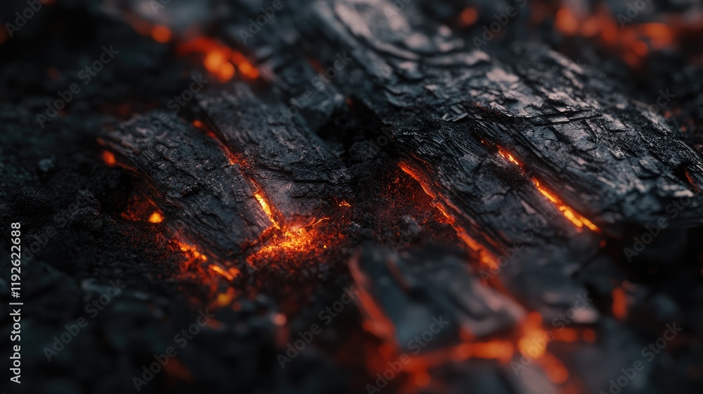 Poster glowing embers and charred wood texture from a close-up bonfire showing warmth and texture in a diml