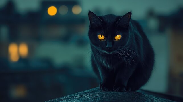 Black cat with luminous yellow eyes sitting on rooftop against a night sky with blurred lights and ample copyspace for text insertion