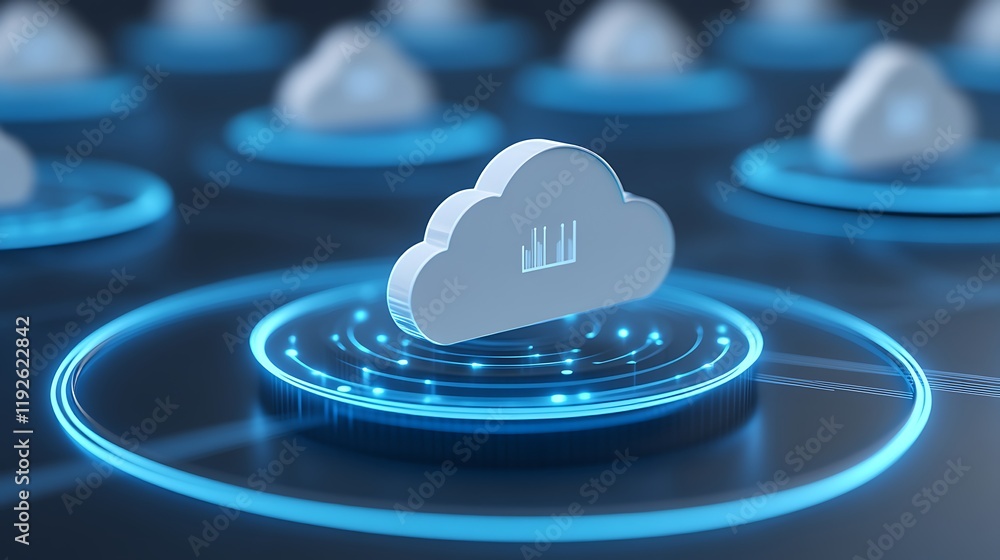 Poster 3d cloud icon surrounded by circular light elements, representing digital data storage and connectiv