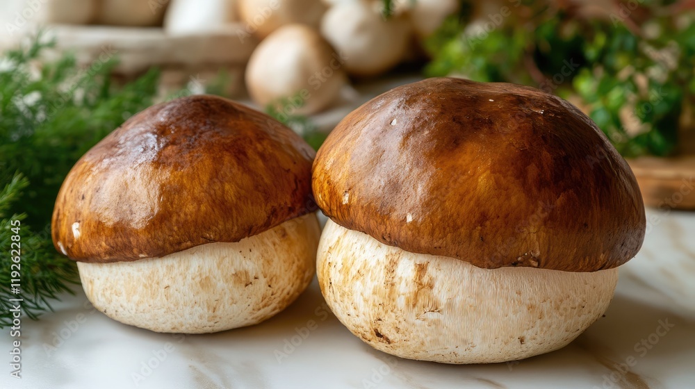 Poster fresh boletus edulis mushrooms displayed with natural background and greenery showcasing their uniqu