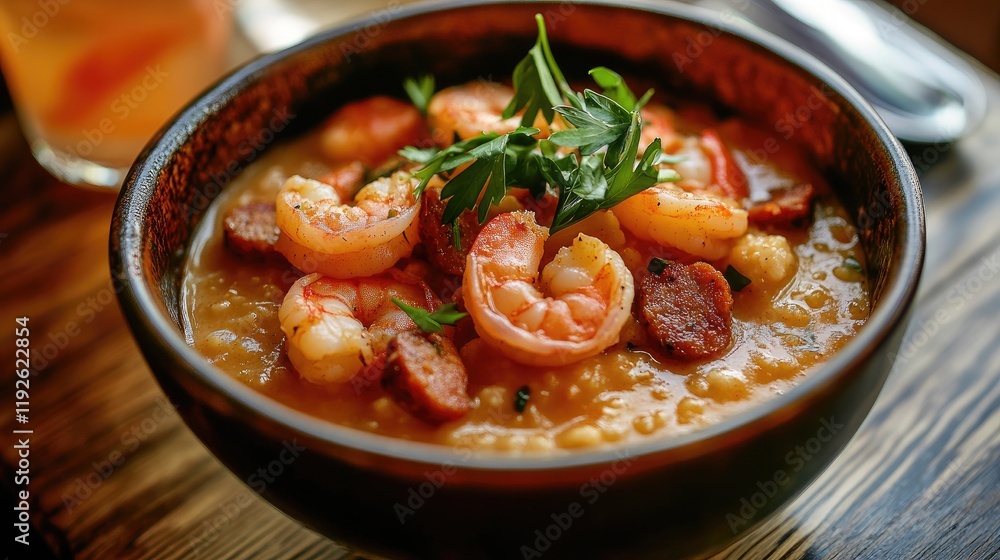 Poster bowl of shrimp and grits with smoked sausage garnished with parsley served on a wooden table with a 