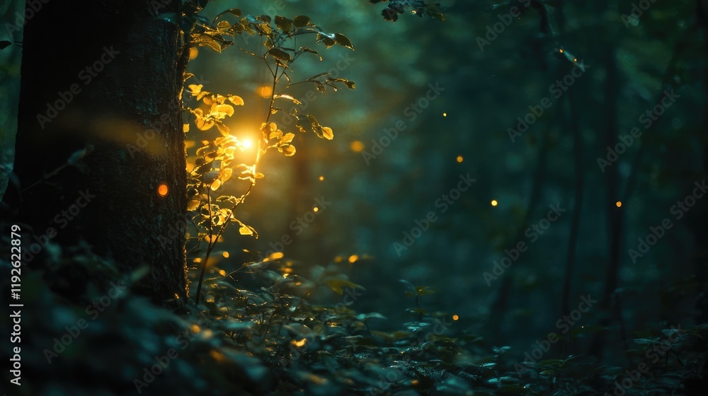 Poster Enchanting bokeh lights illuminating a serene forest scene with soft greenery and a warm glowing ambiance in a dark setting