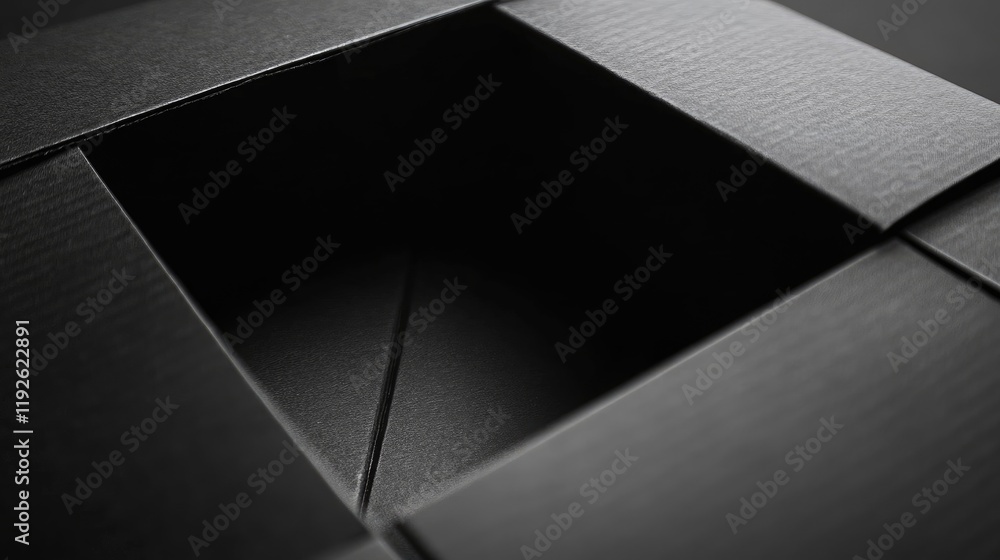 Poster Black cardboard box with an open top isolated on a dark background suitable for packaging and design concepts.