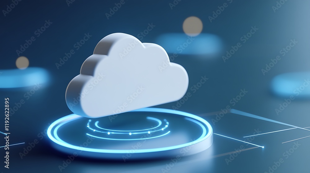 Poster 3d cloud icon with circular glow on digital interface representing modern cloud computing technology