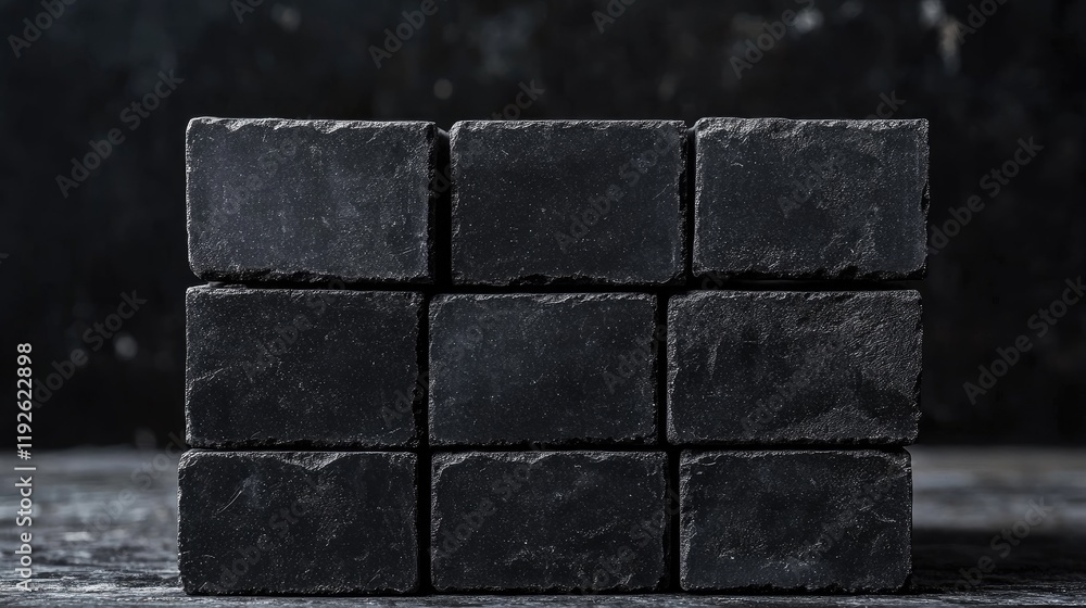 Leinwandbilder Black brick tiles arranged on a rustic tabletop against a dark textured background for design and architecture concepts