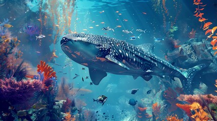 A whale shark swims over a colorful coral reef.