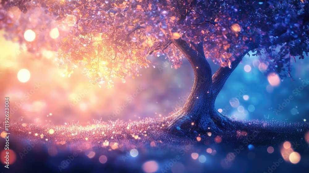 Poster Enchanting bokeh background featuring a beautifully lit tree in a serene natural setting with vibrant colors and soft dreamy lights