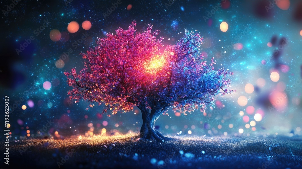 Aufkleber enchanting bokeh lights illuminating a whimsical tree in a magical twilight setting creating a seren