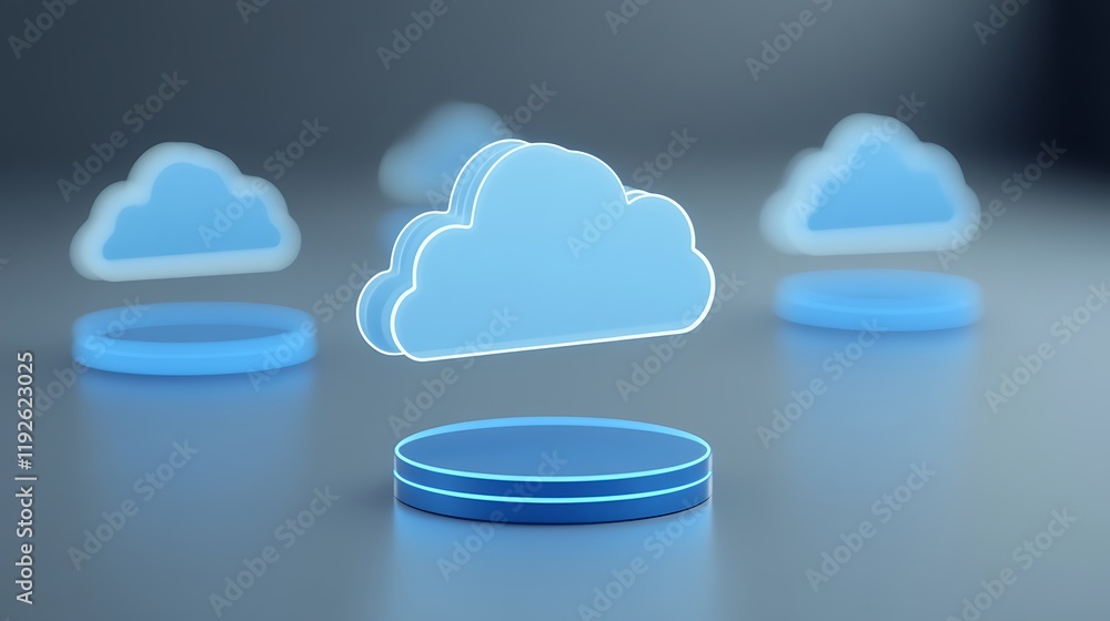 Poster 3d cloud icons with neon glow in a minimalist background for digital technology and cloud computing 