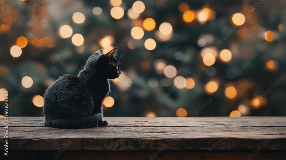 Aufkleber black cat silhouette on rustic wooden table with blurred christmas tree lights creating a cozy holid