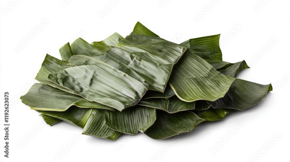 Poster banana leaves arranged on a white background showcasing their vibrant green color and unique texture
