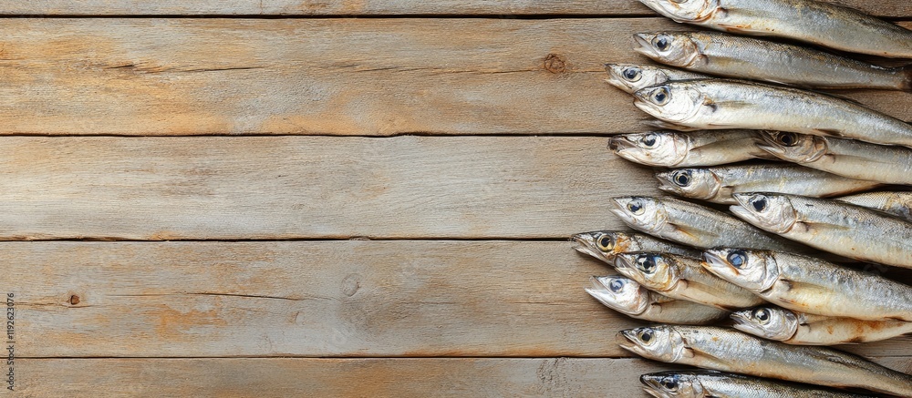 Poster freshly caught fish arranged on rustic wooden background with space for text or pricing information
