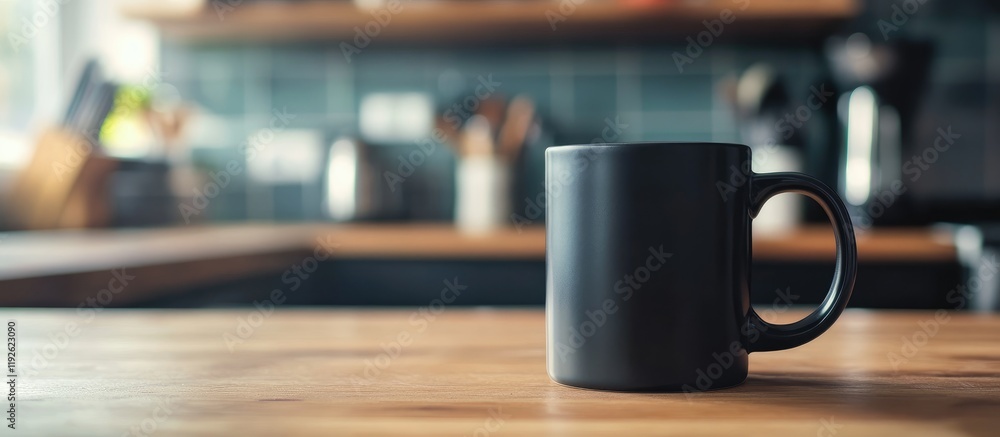 Poster black coffee mug on kitchen counter with blank label and ample copyspace for personalized text or br