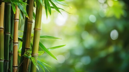Fototapeta premium Lush green bamboo stalks in a tropical setting with soft bokeh background creating a serene and tranquil nature ambiance.