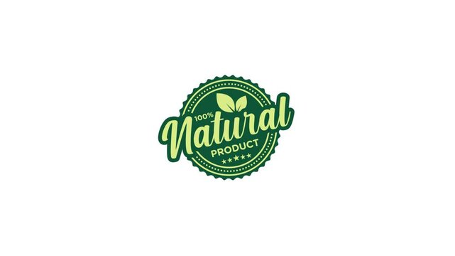 100 percent natural product label stamp. 4k animation natural label.