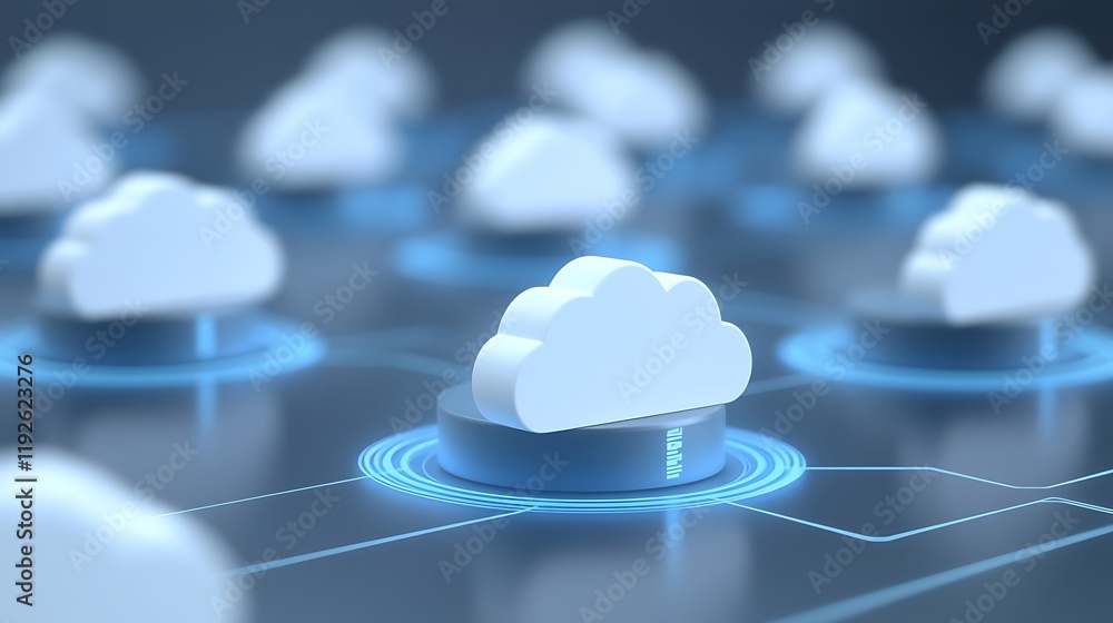 Poster 3d clouds floating above digital circles representing cloud computing technology and network connect