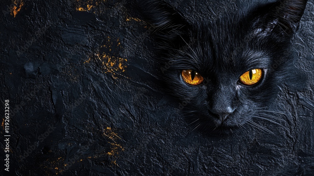 Poster black cat with captivating yellow eyes against a dark textured background featuring ample copyspace 