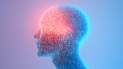Artificial intelligence concept visualized by a glowing 3D head silhouette with integrated circuit patterns and neon blue light