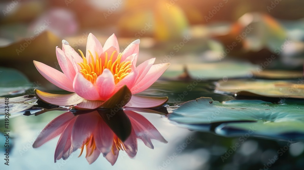 Poster lotus flower in serene pond reflecting sunlight creating a tranquil nature scene with water lilies a