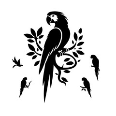 Majestic Macaw Silhouette Perched with a Flock of Parrots