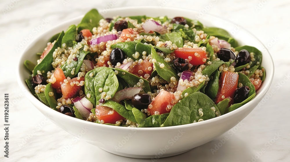Aufkleber quinoa salad with fresh spinach tomatoes onions and black olives in a bowled presentation
