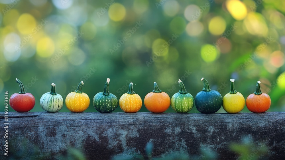 Poster Colorful assorted vegetables arranged in a row with a soft bokeh background showcasing freshness and natural beauty.