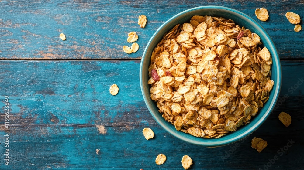Aufkleber Vibrant cereal bowl on rustic wooden table with empty space for text or design elements