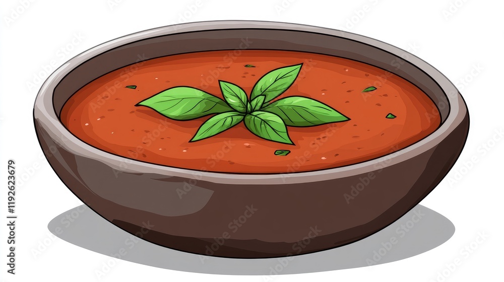 Aufkleber bowl of tomato soup garnished with fresh basil on a rustic countertop culinary presentation.