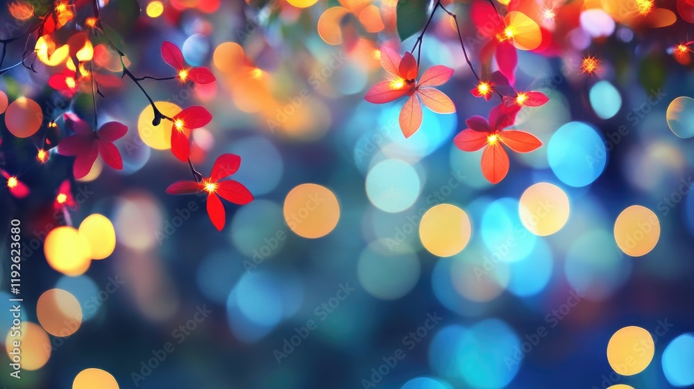 Poster colorful bokeh effect of blooming flowers on tree branches creating a vibrant and dreamy background 