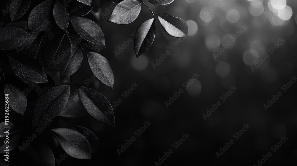 Poster elegant black bokeh background with glowing lights and leaves ideal for celebratory events and holid