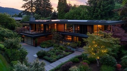 Luxury Modern House with Solar Panels at Dusk