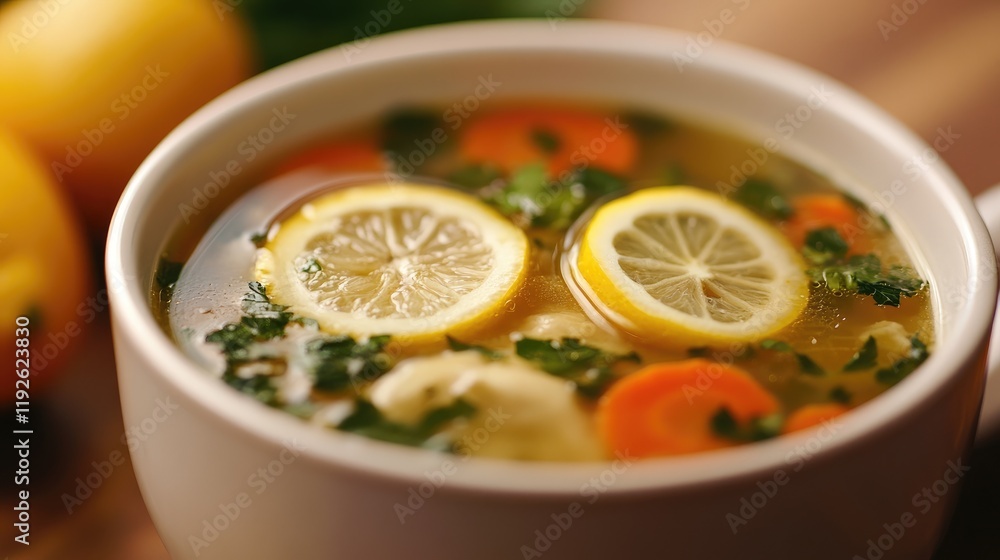 Aufkleber hearty broth soup with lemon slices, fresh carrots, and dumplings garnished with herbs in a rustic s