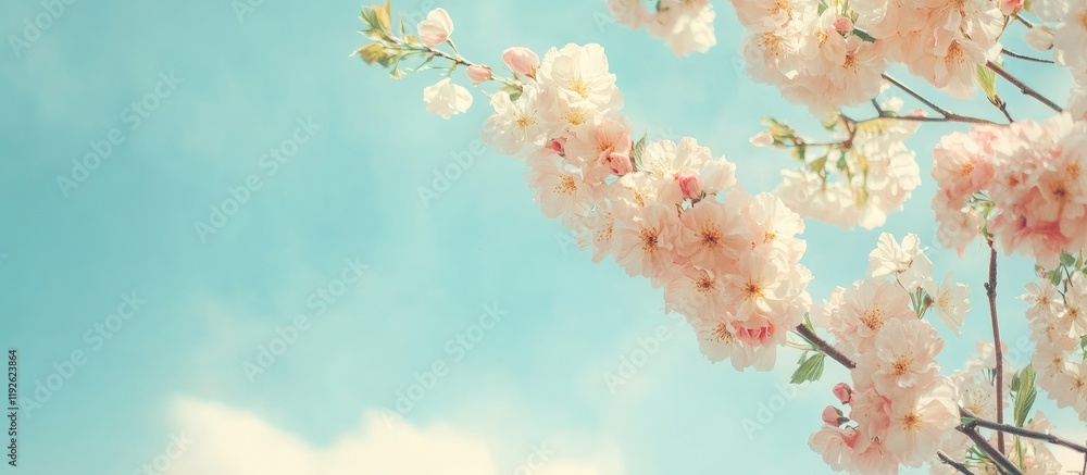 Poster spring flower banner with soft pink blooms against a clear blue sky providing ample space for person