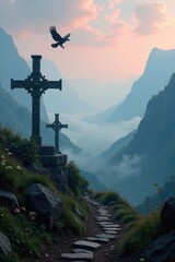 Fog-laden valley, ancient crosses, black crows soaring , shadows, atmosphere