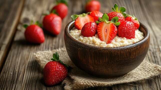 Healthy breakfast bowl of oatmeal topped with fresh strawberries on rustic wooden background - Powered by Adobe