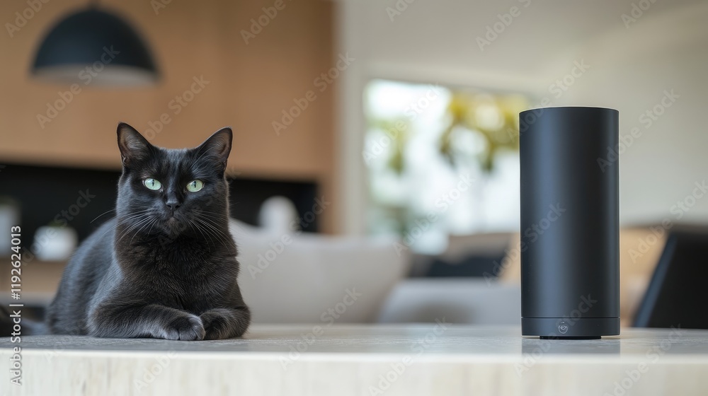 Poster black cat with striking green eyes lounging on a modern table in a stylish living room setting with 