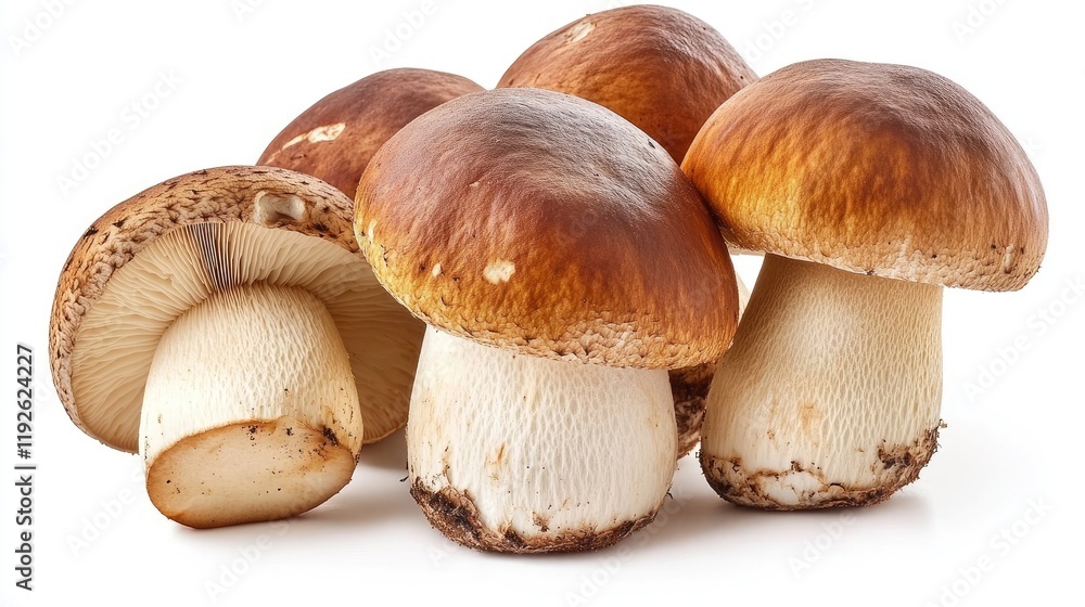 Poster freshly harvested boletus edulis mushrooms arranged on a white background showcasing their rich colo