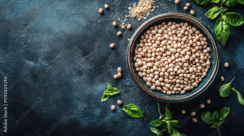 Poster bowl of raw white beans surrounded by fresh basil on a rustic dark concrete background for culinary 