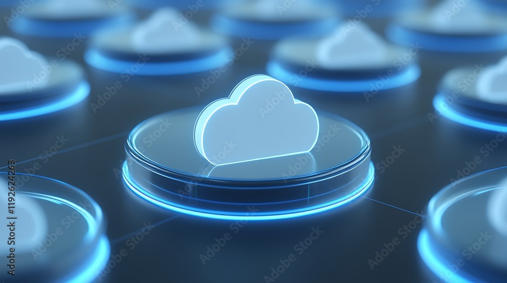 Poster 3d render of cloud icon with neon lights on circular platform for technology and digital concepts
