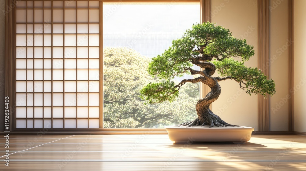 Poster bonsai tree elegantly displayed by a sliding window in a serene traditional japanese interior settin