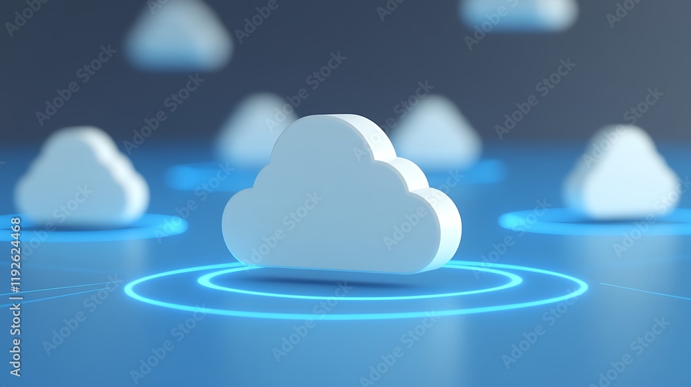 Poster 3d render of white cloud shapes with glowing circles on dark blue background representing cloud comp