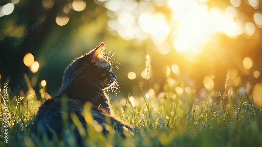 Poster Black cat relaxing in illuminated grass during golden hour with soft bokeh and ample space for text or design overlay