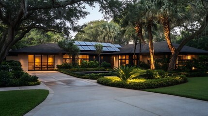 Luxury Waterfront Home with Solar Panels at Dusk