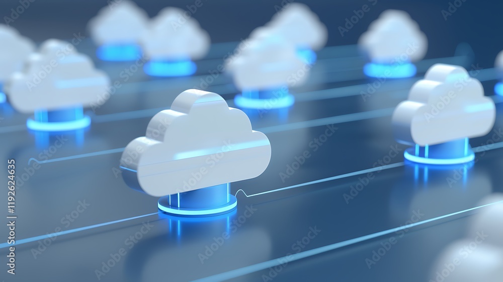 Poster 3d rendering of multiple cloud icons with glowing base in a futuristic digital environment