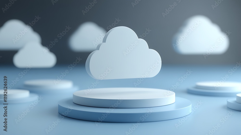 Poster 3d rendering of floating clouds over abstract blue background for cloud computing conceptual design