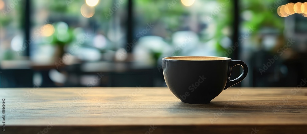 Poster black coffee cup on wooden table in a cafe with blurred background and ample copyspace for text or b