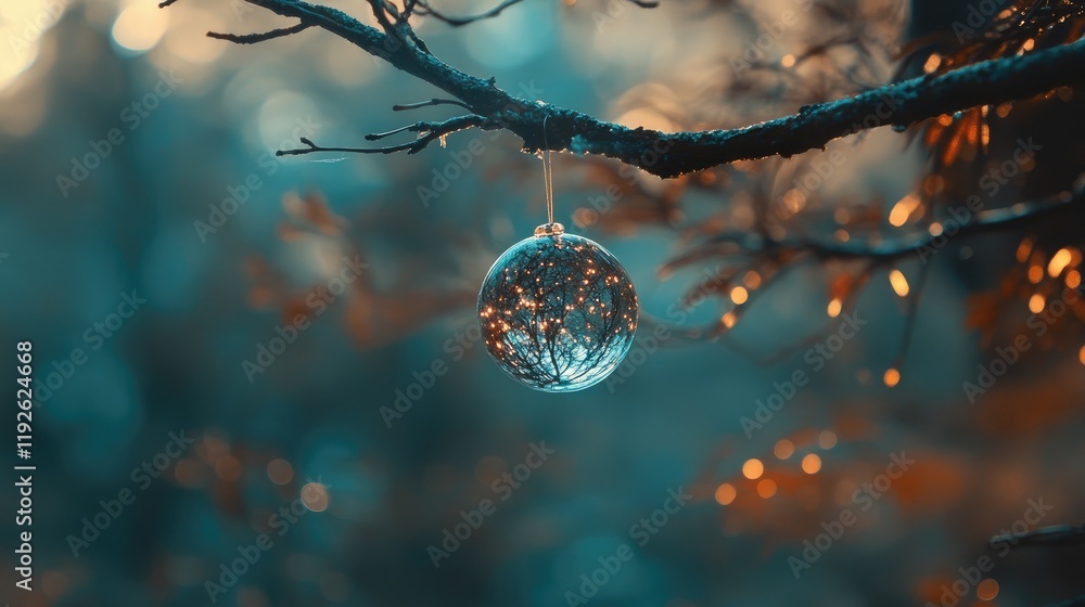 Poster bokeh effect featuring a glass ball ornament hanging from a tree branch with warm light and blurred 