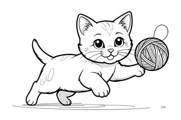 Obraz premium A playful kitten chasing a ball of yarn,Coloring book for kids. 