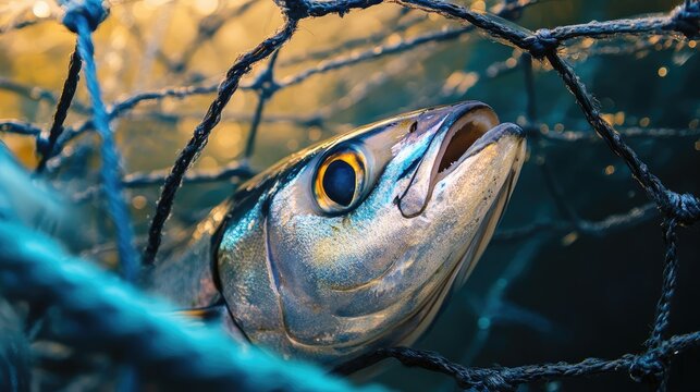 Bonito fish caught in a fishing net highlighting underwater life and sustainable fishing practices