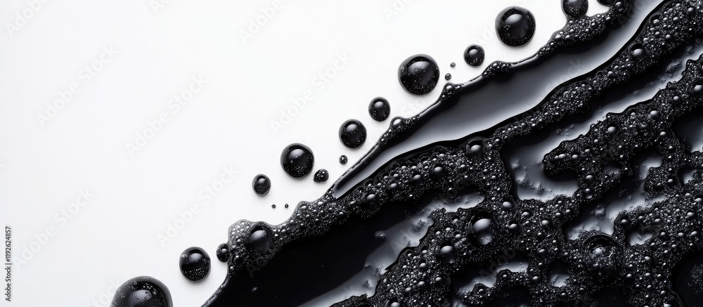 Aufkleber Viscous black tar liquid with bubbles on a white background creating a striking abstract texture and empty space for text or branding.